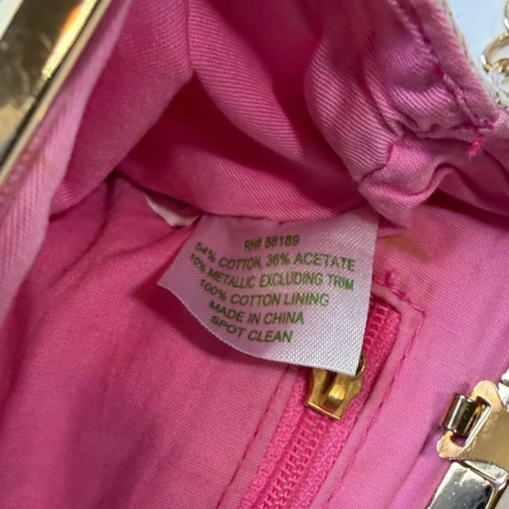 Lilly Pulitzer Gold Shimmer Cream Pink Clutch Bag w golden chain